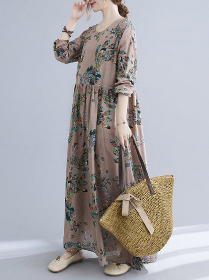 Vintage Ramie Cotton Floral Printed Round-Neck Long Sleeves Loose Maxi Dress
