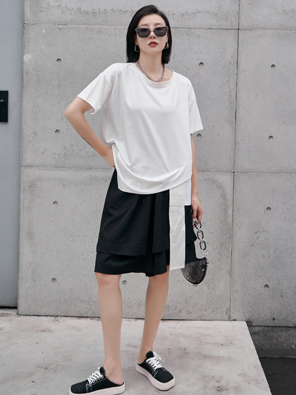 Original Black&White Asymmetric Round-Neck Short Sleeves T-Shirts