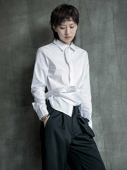 Urban Asymmetric Solid Color Buttoned Lapel Long Sleeves Blouse Tops