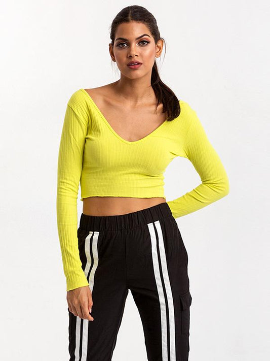 Solid Bare Midriff Off-the-shoulder Tee