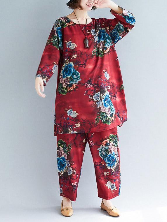 Loose Flower Print Round-neck T-shirt+Pants Suits