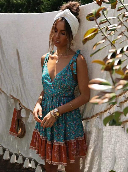 Sexy V-neck Printed Mini Dress