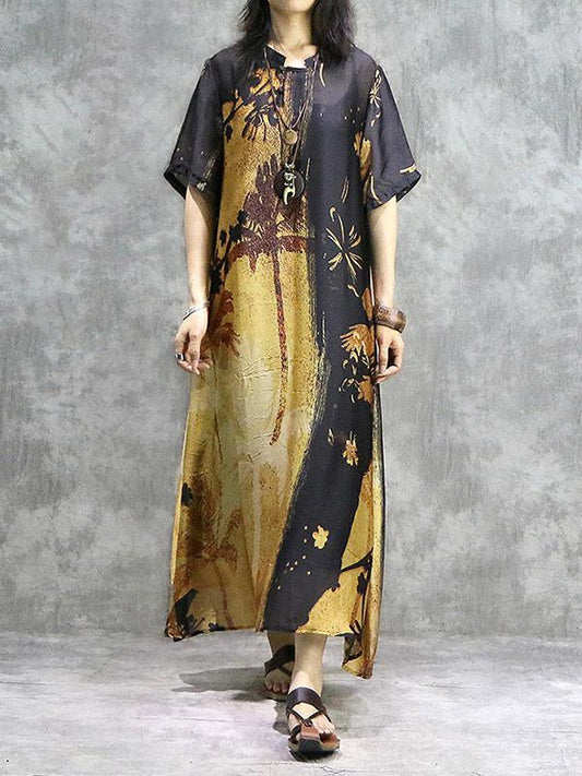 Vintage Loose Printed  Silk  Dress + Silk Cotton Braces Skirt