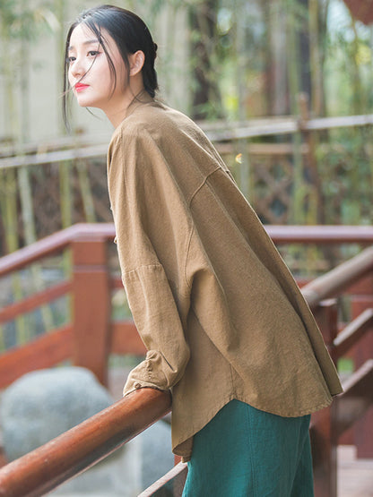 Original Artistic Retro Loose Solid Color Ramie Cotton Blouse Outwear