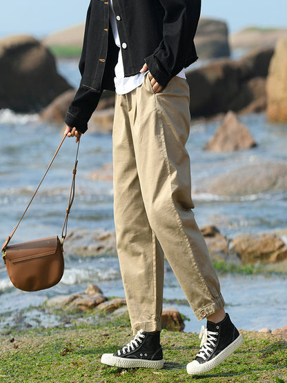Artistic Retro Loose Elasticity Solid Color Casual Pants Bottoms