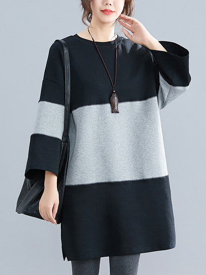 Casual Loose Split-Joint Round-Neck Long Sleeves Mini Dress