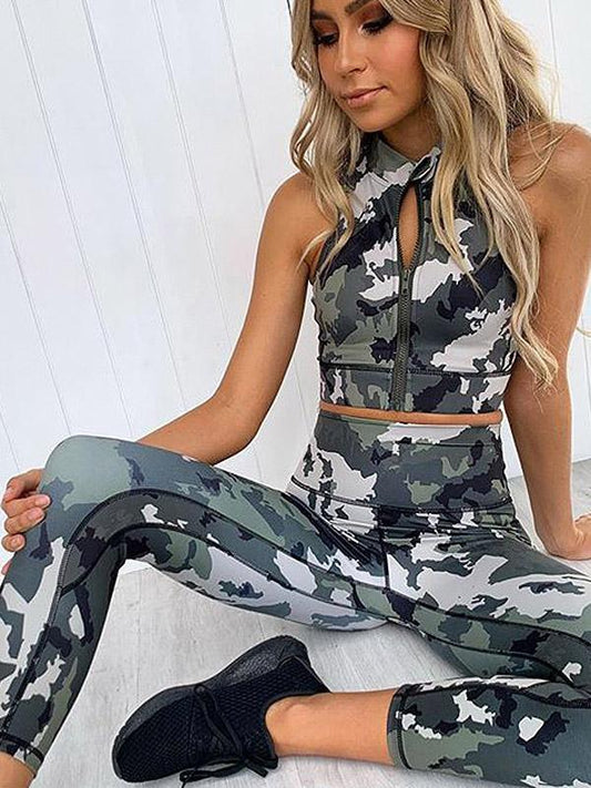 Camo Crop Sleeveless Tanks And Leggings Yoga Suits