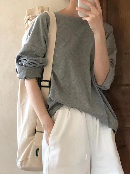 Long Sleeves Loose Solid Color Round-Neck T-Shirts Tops
