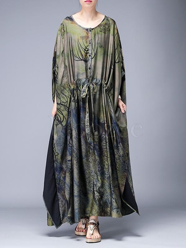 Loose Lace-up Printed Long Dress