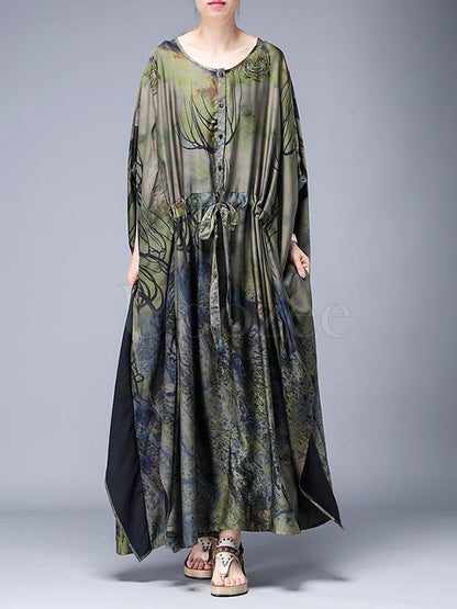 Loose Lace-up Printed Long Dress