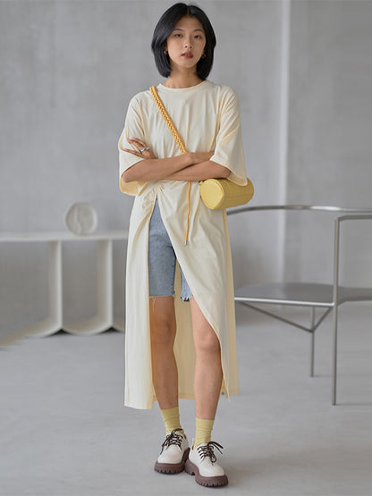 Casual Girlish Split-Side Pleated Half Sleeves Round-Neck Long T-Shirts