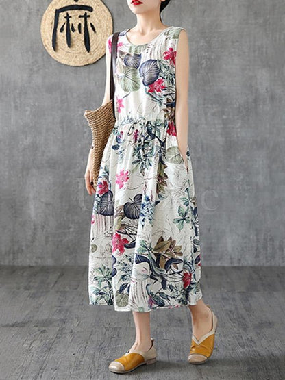 National Flower Printed Sleeveless Long Dress