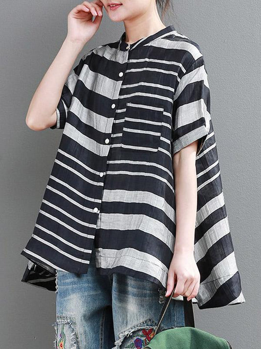 Vintage Loose Striped Stand Collar Shirt