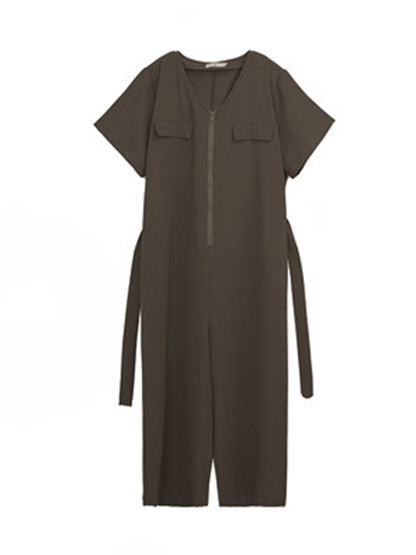 Casual Solid Color Split-Joint With Pocket Tied Zipper Short Sleeves Wide Legs Jumpsuits