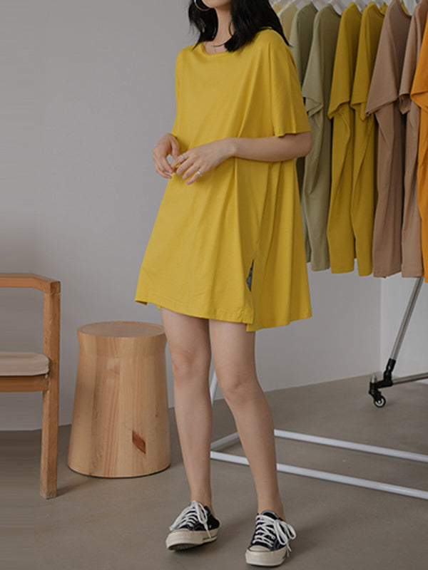 Simple Casual Loose 5 Colors Split-Side Round-Neck Short Sleeves T-Shirt Tops