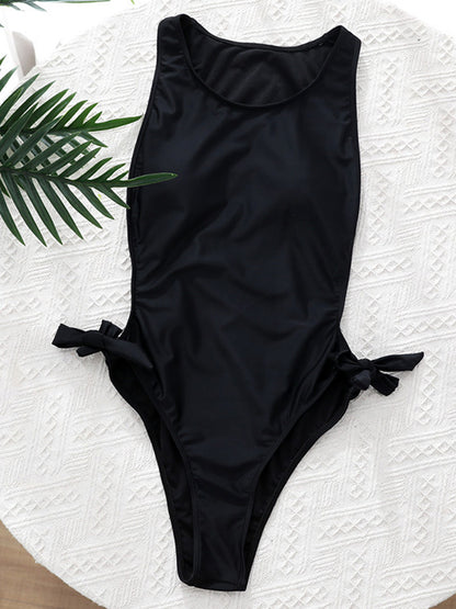 Solid Color Bandage Belly-Hollow One-Piece Swimwear
