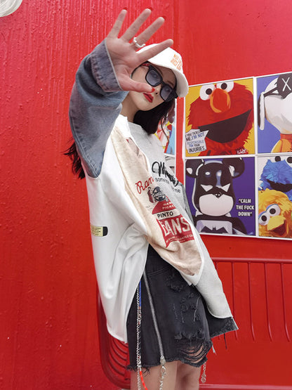 Stylish Contrast Color Letter Printed Round-Neck Batwing Sleeve Sweatshirts