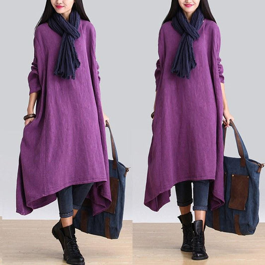 Custom made Casual loose Irregular linen long sleeve dress