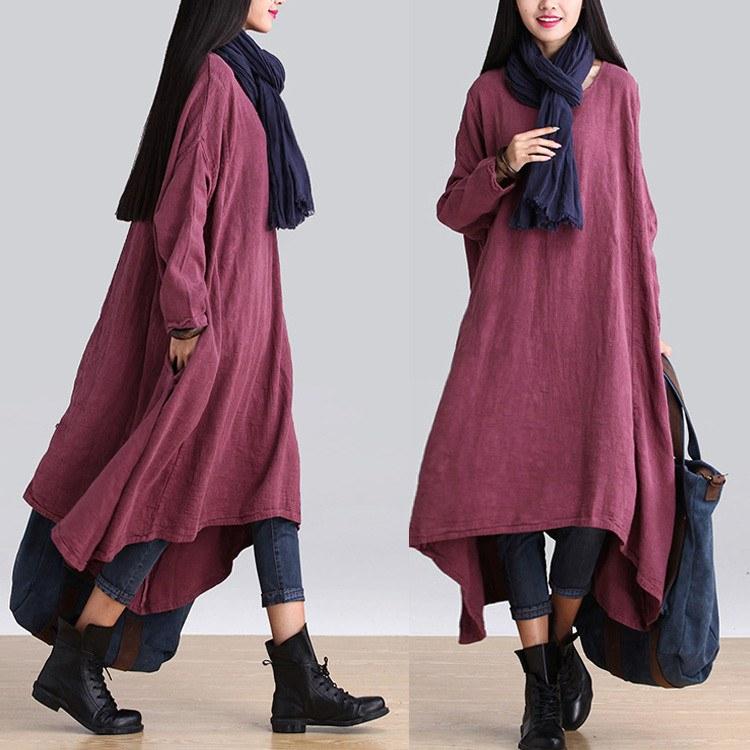 Custom made Casual loose Irregular linen long sleeve dress