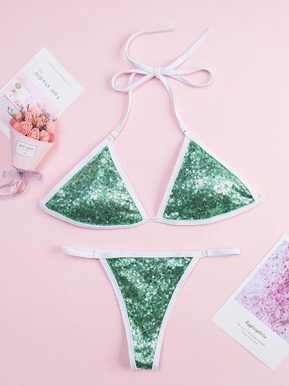 Sequined Lace Up Bikini Swimsuit