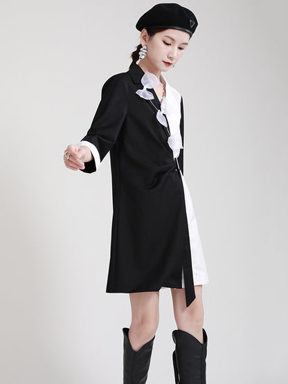 Original Stylish Split-Joint Contrast Color Bow-Embellished Tied A-Line Notched Collar Blazer Dress