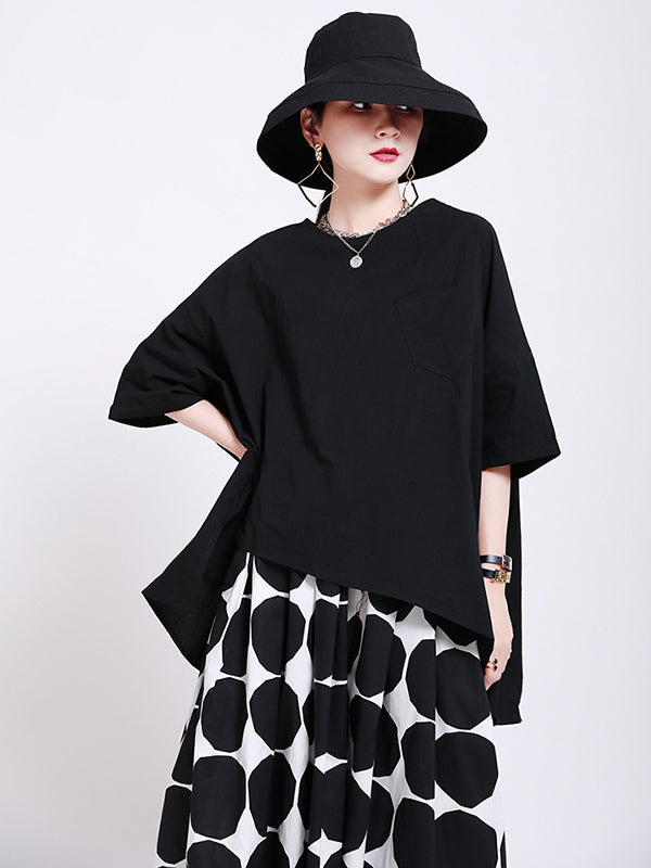 Casual Split-Back Split-Joint With Pocket Solid Color Round-Neck Half Sleeves T-Shirt