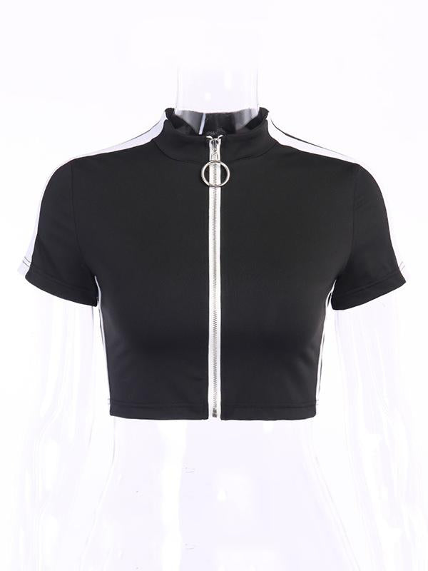 Wrap Contrast Color Zipper Exposed Navel T-Shirts Tops