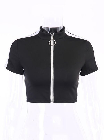 Wrap Contrast Color Zipper Exposed Navel T-Shirts Tops