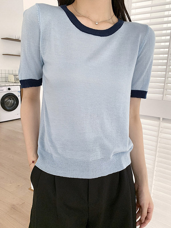 Casual Knitting Round-Neck Contrast Color T-Shirts Tops