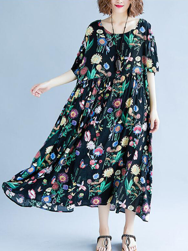 Vintage Loose Pleated Floral Printed Short Sleeves Midi Dress