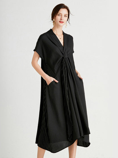 Casual Loose Solid Color Pleated Tied V-Neck Short Sleeves Midi Dress