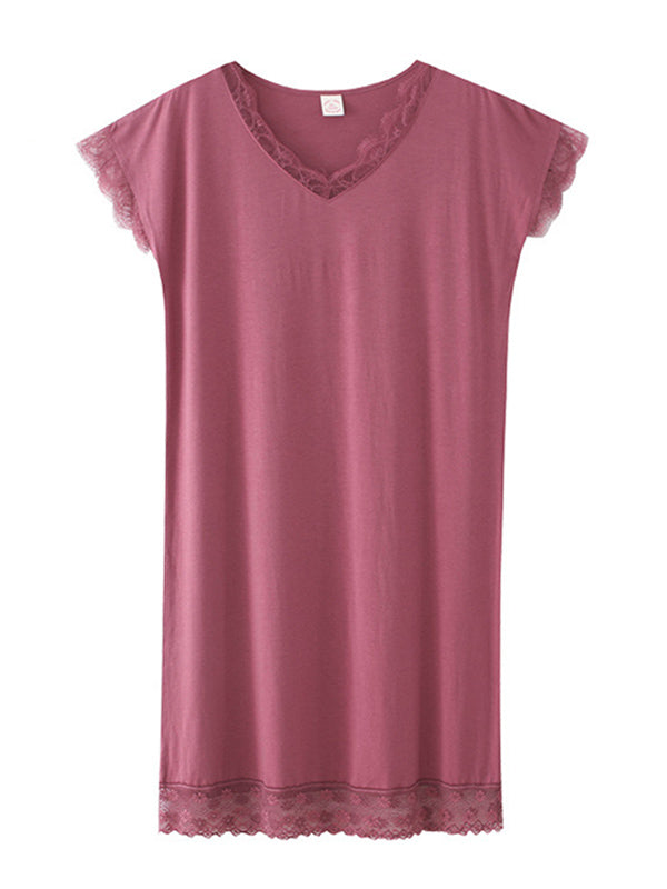 Comfortable Solid Lace Split-Joint  Round-Neck Pajama Dress
