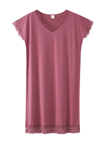 Comfortable Solid Lace Split-Joint  Round-Neck Pajama Dress
