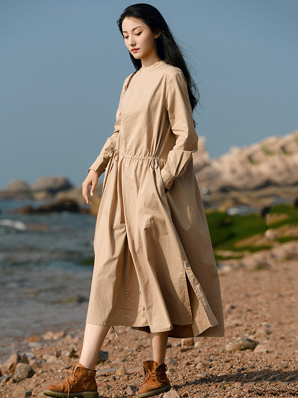Casual Long Sleeves Loose Tied Asymmetric Solid Color Stand Collar Midi Dresses