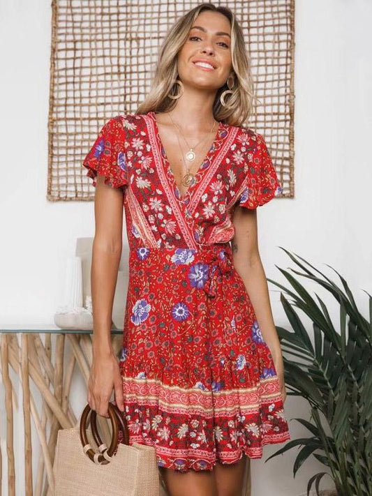 V-neck Bandage Printed Ruffled Mini Dresses