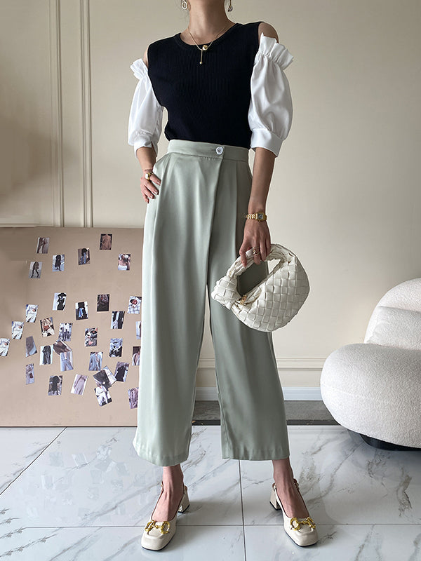 Original Contrast Color Puff Sleeves Cold Shoulder T-Shirt Top