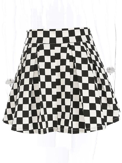 Printed Black&white Plaid Pleated Skirt