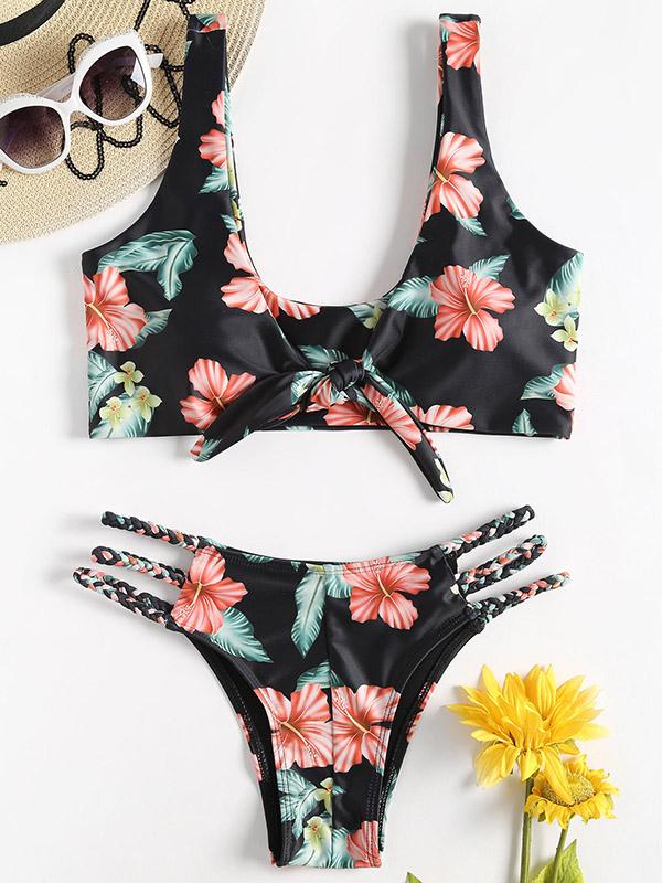 Knot Floral Straps Bikinis Swimwear