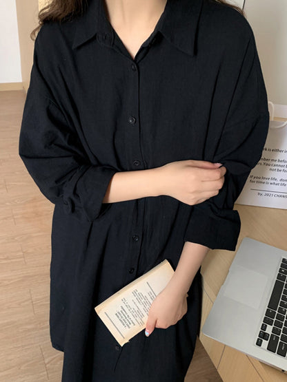 Simple Loose Casual Solid Color Buttoned Split-Side Lapel Collar Long Sleeves Midi Shirt Dress