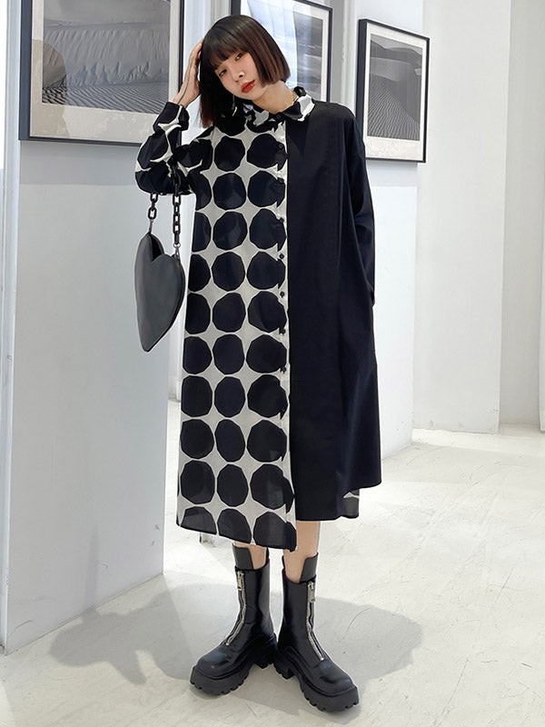 Stylish Irregular Polka-Dot Spit-Joint Buttoned Lapel Collar Long Sleeves Midi Shirt Dress