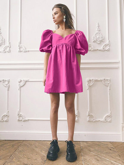 Stylish Split-Joint Pleated Puff Sleeves A-Line Mini Dress