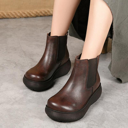 Buykud Pure Color Leather Stitching Retro Boots