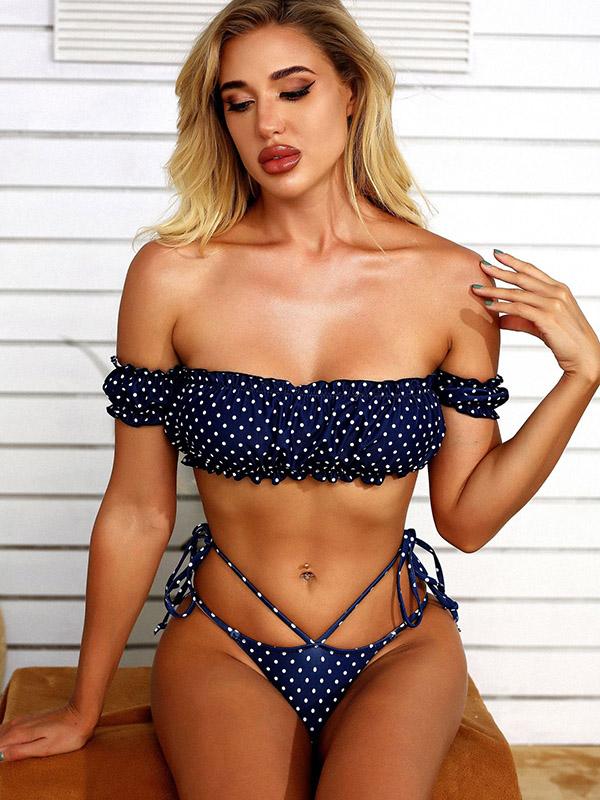 Polka-Dot Short Sleeves Bandage Split Bikini Swimsuit