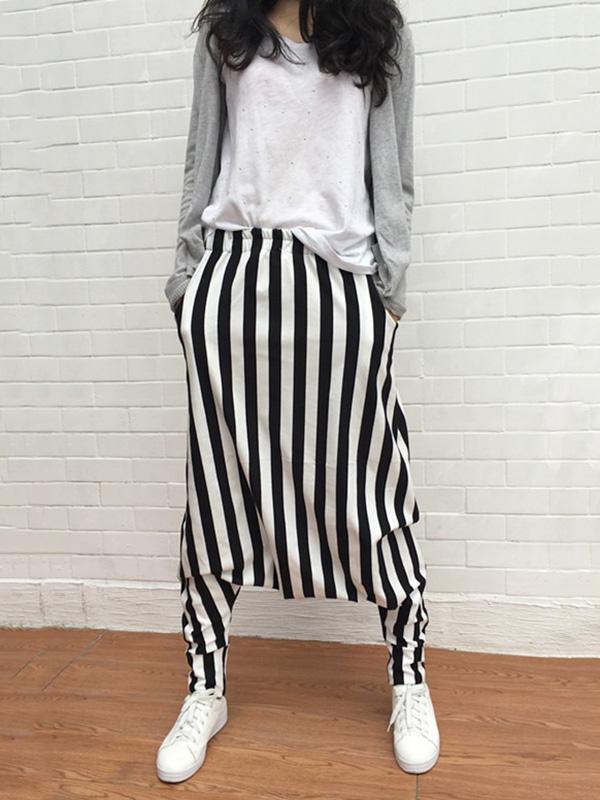 Casual Striped Pockets Harem Pants Bottoms