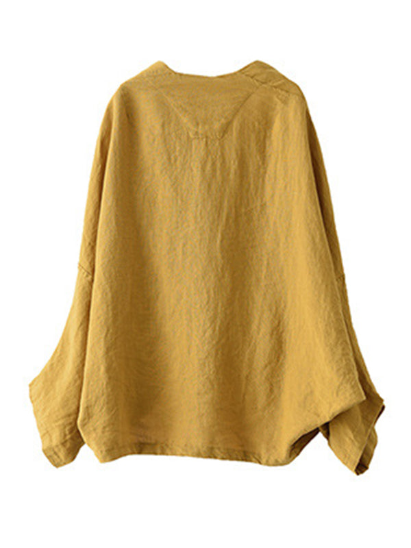 Casual V-Neck Linen Batwing Sleeves Outerwear