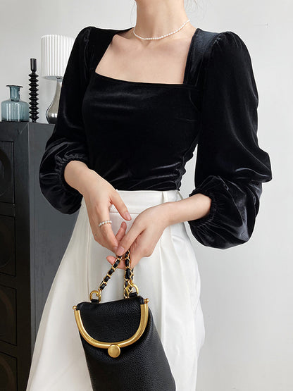 Urban Pleuche Solid Color Pleated Square-Neck Bishop Sleeves T-Shirt