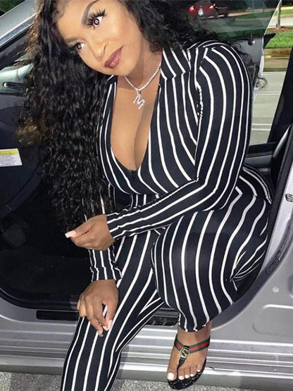 V-neck Striped Sports Jumpsuits