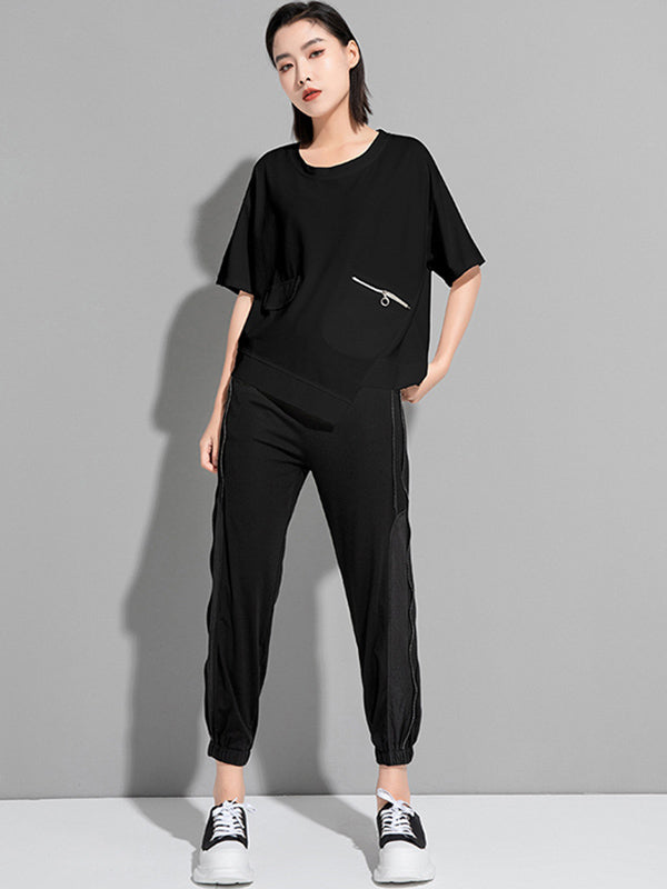Fashion Asymmetric Irregular Clipping Split-Side Round-Neck T-Shirt