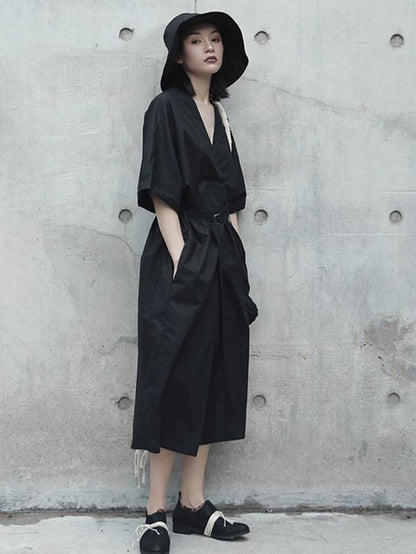 Solid V-neck Short Sleeves Dress