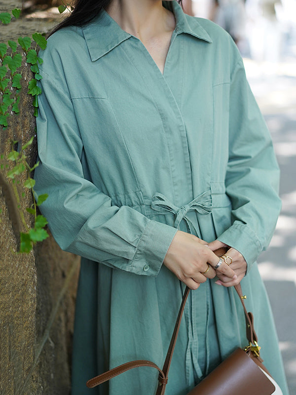 Casual Long Sleeves Loose Drawstring Tied Solid Color Lapel Collar Midi Dresses